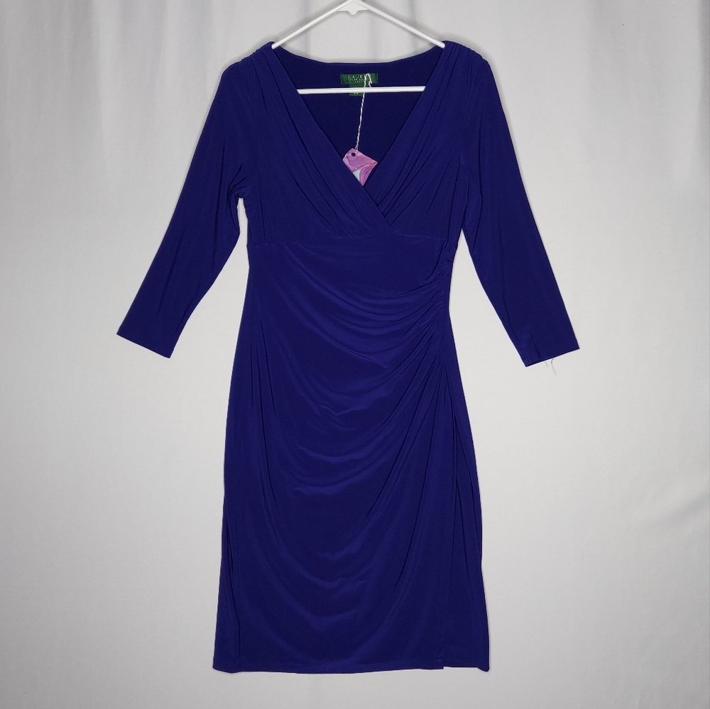 Lauren Ralph Lauren Vtg Dress Women 6 Purple Stretch Empire Vneck Wiggle Stretch
